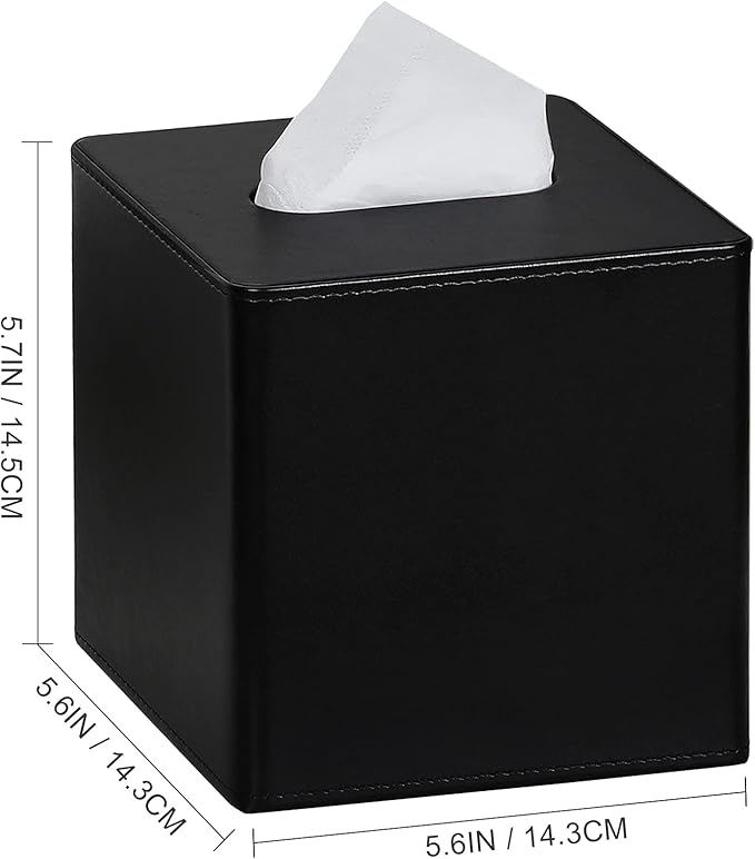 GOLRANLYE Tissue Box Cover Square PU Leather Facial Tissue Box Holder for Dresser Bathroom Decor (Black)