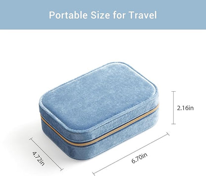 CASEGRACE Plush Velvet Travel Jewelry Box, Portable Jewelry Case for Women Girls, Double Layer Jewelry Organizer Display Box for Necklace Earring Rings Bracelet, Travel Accessory Gifts, blue