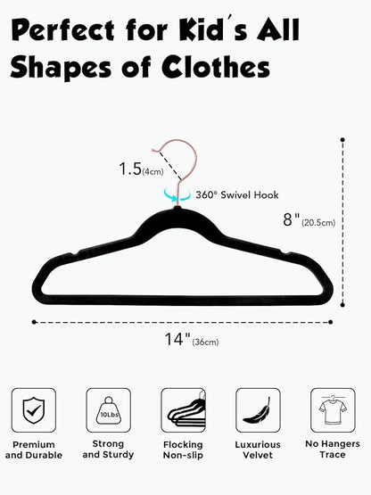 Smartor Kids Velvet Hangers 50 Pack, 14 Inch Premium Non Slip Kids Felt Hangers for Closet, Space Saving Toddler Clothes Hanger for Youth's Childrens' Clothes (Rose Gold Hook)- Black
