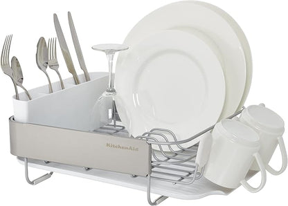 KitchenAid Compact Satin Wire Rust Resistant, Expandable Dish Rack with Angled Self Draining Drainboard with Removable Flatware Caddy, 23.18-Inch, Gray