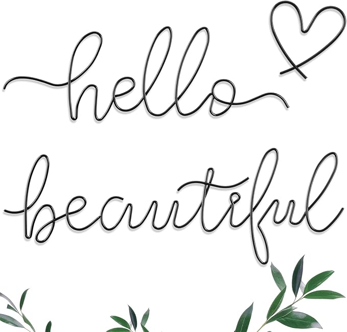 Hicarer Hello Gorgeous Metal Wall Art Decor Minimalist Decoration Metal Hello Gorgeous Decorative Sign for Living Room Office Bedroom Hotel Home Wall Decoration (Black,Lovely Style)