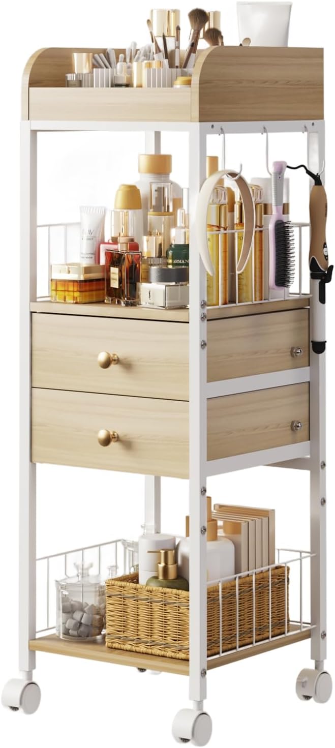 Makeup Organizer Cart, Rolling Floor Skincare Organizer and Storage with 2 Wooden Drawers, Cosmetics Display Cases Holder for Skin Care Perfume Hair Tools Nail Polish