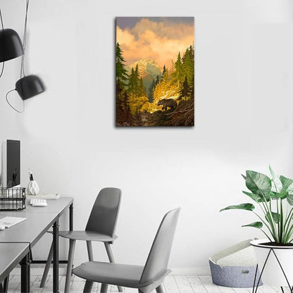 Autumn Forest Mountain Wall Art Bear Canvas Picutres for Bedroom Living Room Wall Decor Modern Landscape Canvas Artwork Contemporary Nature Picture Prints Framed Ready to Hang 20" x 28"