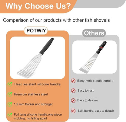 POTWIY Fish Spatula Stainless Steel, Slotted Turner with Silicone Handle and Curved Blade, Metal Spatula for Cast Iron Skillet, Kitchen Cooking Flipper for Fish, Egg and Burger, 11.7 Inch