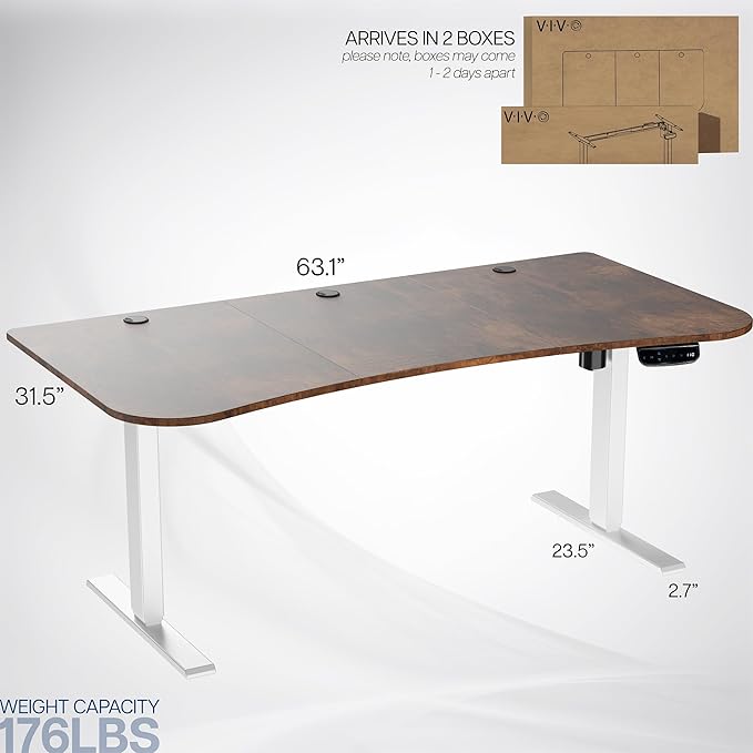 VIVO Electric 63 x 32 in Rustic Standing Desk, Memory Height Adjustment, 176 lb Frame Support, 2E Series, Vintage Brown Top White Frame, DESK-KIT-2EWN