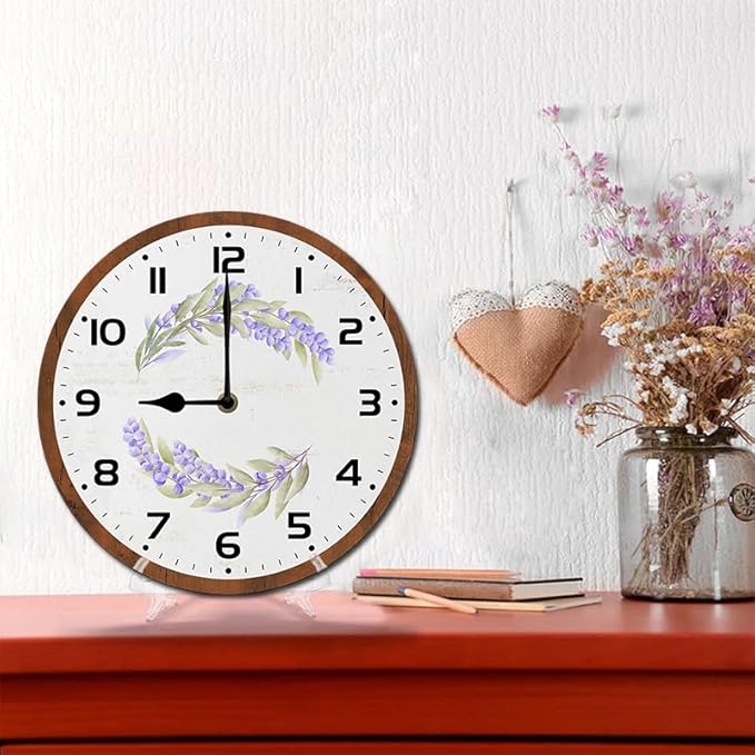Purple Flowers Wall Clock 10 Inch Silent Non Ticking Battery Operated Wooden Modern Office Simple Minimalist Clock Decorative for Kitchen Home Bathroom Living Room