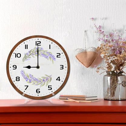 Purple Flowers Wall Clock 10 Inch Silent Non Ticking Battery Operated Wooden Modern Office Simple Minimalist Clock Decorative for Kitchen Home Bathroom Living Room