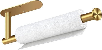 Paper Towel Holder, Self Adhesive or Drilling Paper Towel Holder Under Cabinet, Stainless Steel Paper Towel Holders Wall Mount for Kitchen, Bathroom, Sink, Pantry, Fridge (Gold)