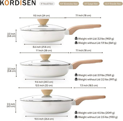 Kordisen Ceramic Nonstick Frying Pan Skillet Set with Lid, 3 Piece Ceramic Pans for Cooking Non Toxic, Healthy Induction Cookware, Stay-Cool Handle, PFOA & PFAS Free (9.5 Inch, 11 Inch, 12.5 Inch)