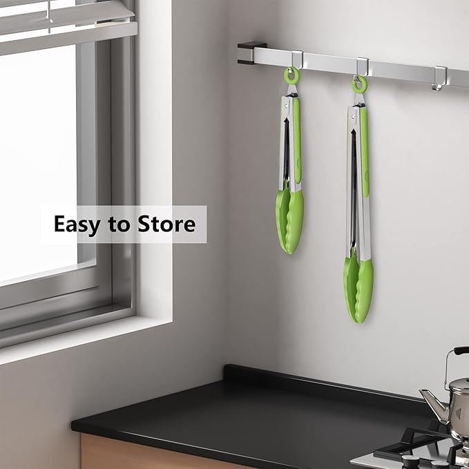 2 Pack Silicone Kitchen Tongs – 9" & 12" Set, Heat Resistant up to 500°F, Non‑Stick Cookware Safe, Wavy Silicone Tips, BPA Free, Locking Clip & Hanging Loop, Light Green