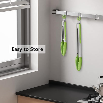 2 Pack Silicone Kitchen Tongs – 9" & 12" Set, Heat Resistant up to 500°F, Non‑Stick Cookware Safe, Wavy Silicone Tips, BPA Free, Locking Clip & Hanging Loop, Light Green
