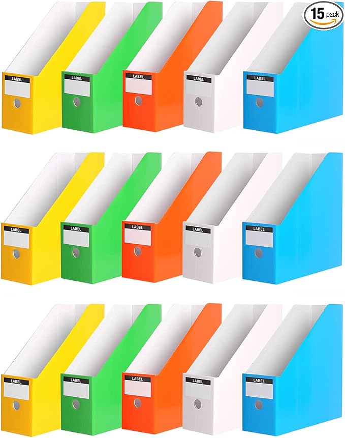 Foldable Desk File Holder Organizer Sturdy Cardboard Magazine Storage Box Document Rack with Blank Label Stickers for Home School Office (15, Multicolor)
