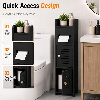 Toilet Paper Holder Stand, Small Bathroom Storage Cabinet with Doors and Toilet Paper Storage, Slim Floor Standing Shelf for Small Spaces,Toilet Storage Cabinet for Bathroom,Black