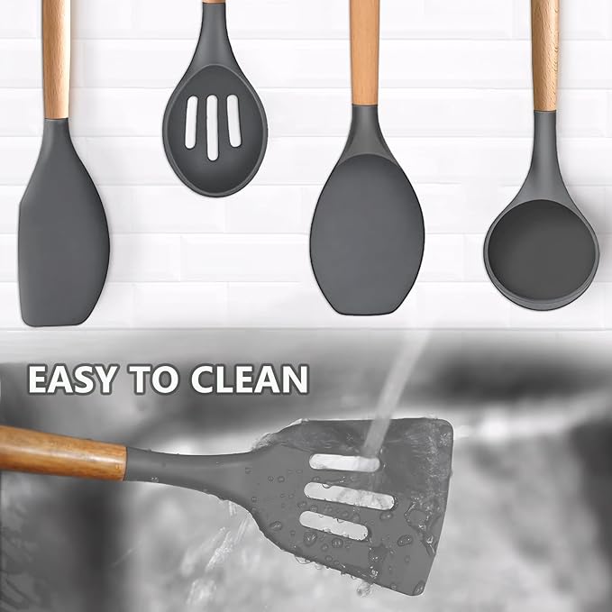 IOCBYHZ Silicone Cooking Utensils Set 5-Piece Non-Stick Kitchen Utensil Set, Wood Handle Heat Resistant Spatula Spoon Turner Soup Ladle Silicone Cooking Kitchen Gadgets BPA Free for Nonstick Cookware