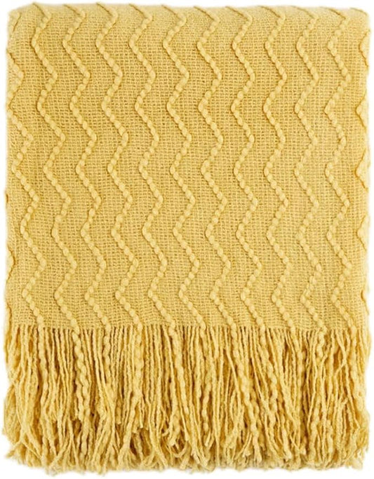 BATTILO HOME Yellow Throw Blanket for Couch, Textured Soft Gold Throw Blankets, Decorative Knitted Mustard Blanket for Sofa Bed Living Room, 50"x60"