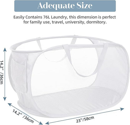 Strong Mesh Pop Up Laundry Basket, Collapsible Laundry Hamper with Side Pocket, Foldable Clothes Hamper with Durable Reinforced Handles for Laundry, Bathroom, Kids Room, Dorm or Travel 2 Pack White