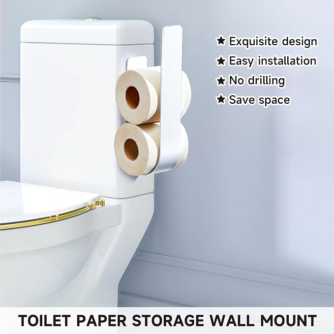 Toilet Paper Storage Wall Mount, Over The Tank Extra Toilet Paper Holder for 3 Rolls Tissue, Metal Tissue Roll Storage Stand for Bathroom, RV Adhesive Loo Roll Holder (White)