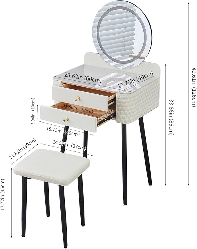 Makeup Vanity with Round Mirror,Light,Two Drawers,Cushioned Stool Set.Small Dressing Table for bedrooms and Dressing Rooms.White