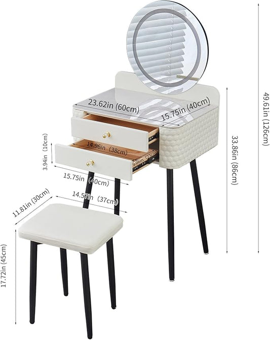 Makeup Vanity with Round Mirror,Light,Two Drawers,Cushioned Stool Set.Small Dressing Table for bedrooms and Dressing Rooms.White