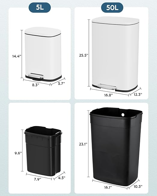 Arlopu 13.2+1.3 Gallon Step Trash Can, Stainless Steel Garbage Bin, Soft-Close Rubbish Bin with Removable Plastic Inner Bucket, Fingerprint-Proof, Lid Dustbin, for Kitchen Home (White)
