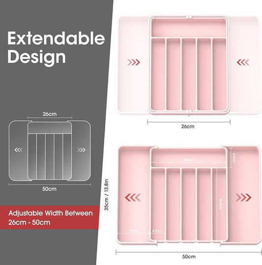Aujen Silverware Organizer - Expandable Kitchen Drawer Organizer, Adjustable Utensil Organizer, Cutlery Tray for Forks, Knives, Multipurpose Kitchen Organizers and Storage Solution, Pink, Large