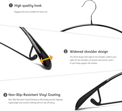 Nature Smile Non Slip PVC Coating Sweater Hangers,Dress Suit Coat Hangers,Wide Shoulder Bump Free Golf T Shirts Clothes Hangers (Black Color 10 Pack)