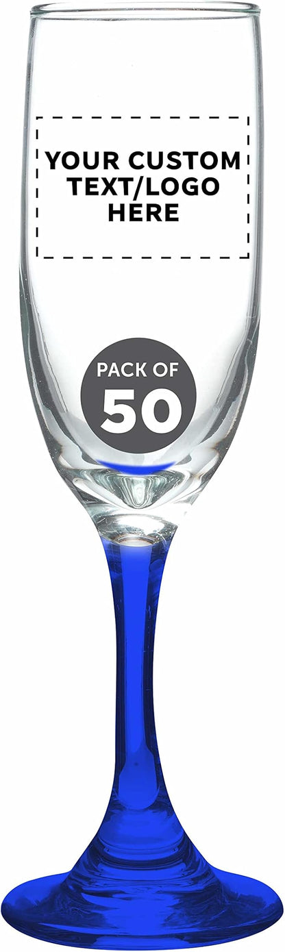 DISCOUNT PROMOS Custom Premiere Champagne Flutes 6.25 oz. Set of 50, Personalized Bulk Pack - Elegant Drinkware for Weddings, Events, & Promotional Gifts - Blue