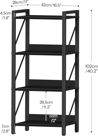 HOOBRO Bookshelf, 4-Tier Industrial Bookcase, Book Shelf Storage Organizer, Small Bookshelf with Metal Frame for Living Room, Bedroom, Home Office, Kitchen, Black BB40SJ01