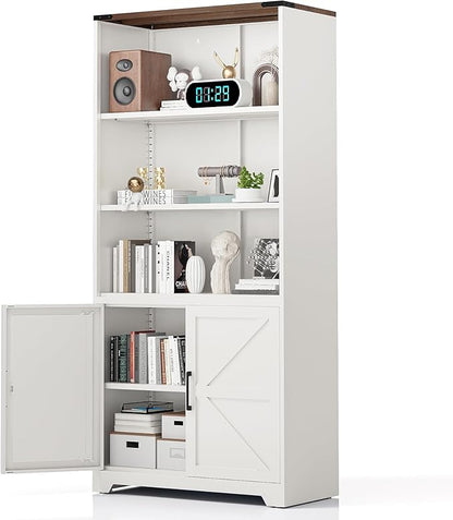 VINGLI Bookcase with Doors and Adjustable Shelves, Steel 70" Tall Bookshelf, 6-Tier Farmhouse Metal Storage Cabinet for Study, Living Room, Home Office, Kitchen Pantry, White Display Cabinet