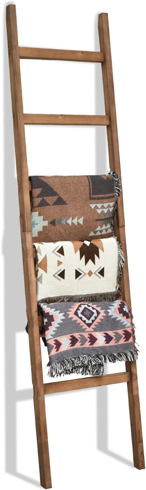 FUIN 6.4ft Extra Wide Wooden Blanket Ladder Living Room Decorative Wal Leaning Farmhouse Quilt Display Holder Rustic Wood Towel Rack for Bathroom, Brown, 18.5 inch Wide