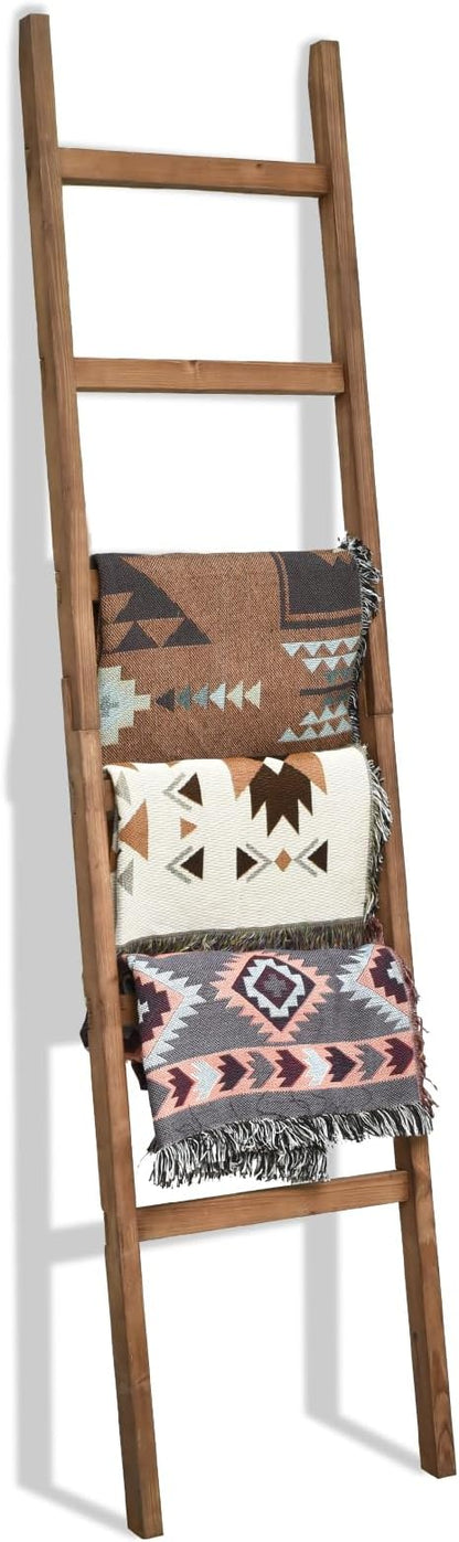FUIN 6.4ft Extra Wide Wooden Blanket Ladder Living Room Decorative Wal Leaning Farmhouse Quilt Display Holder Rustic Wood Towel Rack for Bathroom, Brown, 18.5 inch Wide