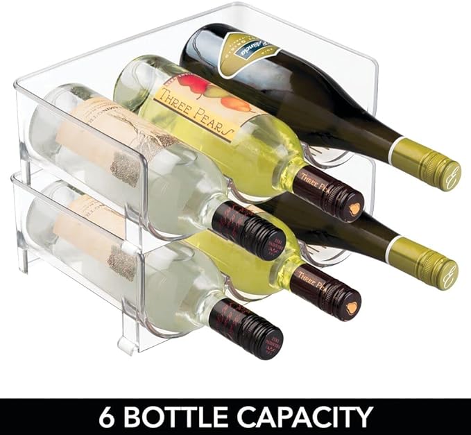 mDesign Stackable Plastic 3 Bottle Refrigerator Wine Rack - Kitchen Storage Organizer Holder for Storing Champagne, Wine, and Water Bottles - Stacking Wine Bottle Organizer for Fridge - 2 Pack - Clear