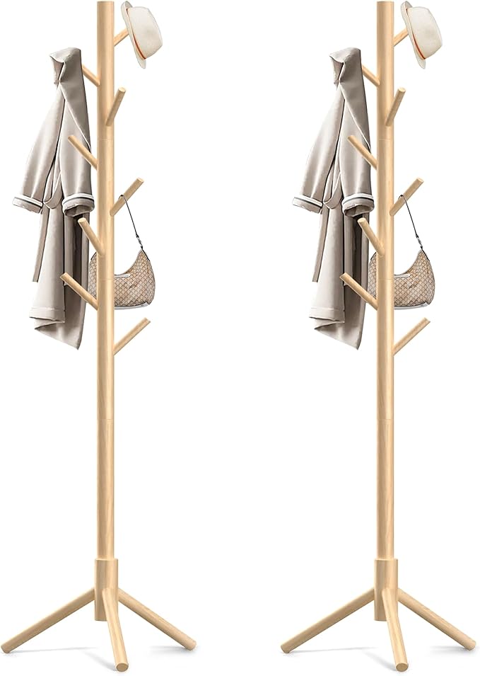 Wooden Coat Rack Stand, Freestanding Coat Rack with 8 Hooks, 3 Adjustable Size Coat Tree for Hats, Coats, Scarves bags, Coat Hanger Stand Used in Bedroom/Office/Entryway,2 PCS (Natural)