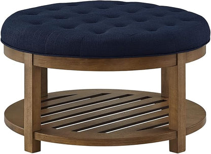 24KF Large Round Upholstered Tufted Linen Ottoman Coffee Table, Large Footrest Ottoman with Wood Shelf Storage- Navy Blue