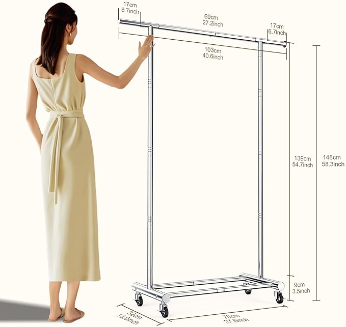 TigerParty Clothes Rack for Hanging Clothes, Sturdy Stainless Steel Clothing Rack, Extendable & Adjustable Rolling Garment Rack with Wheels for Bedroom Laundry Living Room