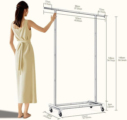 TigerParty Clothes Rack for Hanging Clothes, Sturdy Stainless Steel Clothing Rack, Extendable & Adjustable Rolling Garment Rack with Wheels for Bedroom Laundry Living Room