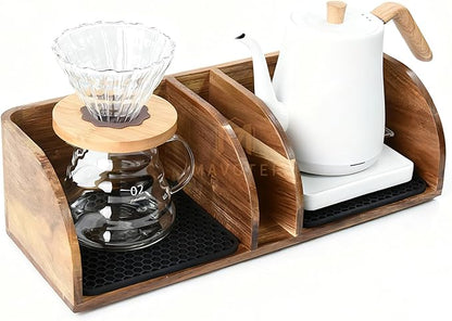MAVOTER Acacia Coffee Bar Station Organizer Stand for Pour Over Maker, Coffee Filter Holder for Countertop ,Wooden Caddy Storage Organizers with Heatproof Mat(17.8*7*5.1 inch)
