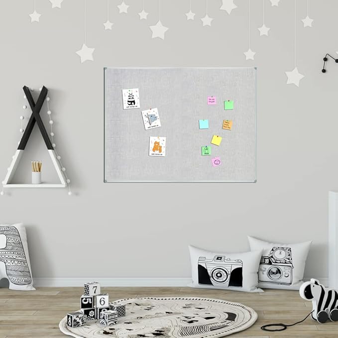 Lockways Linen Cork Bulletin Board, Light Grey Color Framed Linen Fabric Pinboard 48 x 36 Inch, Silver Aluminum Frame Message Notice Wall Mounted Cork Board for Home Kitchen Office Decorative