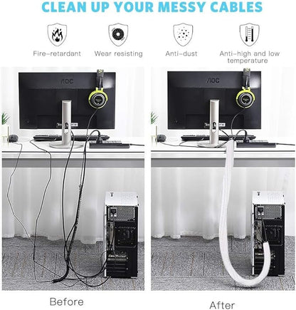 AGPTEK Cable Sleeve Cover, 6.6ft - 2/3 inch Desk Cord Organizer Cable Hider, Home Office Wire Management Computer TV Wire Loom Tubing, Pet Proof Cord Protector, from Cat Dog Chewing, White