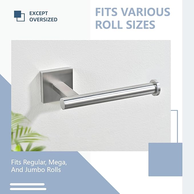 Toilet Paper Roll Holder Stand with 2 Robe Towel Hooks,Wall Mounted Brushed Nickel 3 Piece Bathroom Hardware Set, SUS 304 Stainless Steel, Drilling Hole Bath Accessories (Silvery)