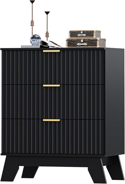 Fluted 3 Drawer Dresser for Bedroom, Mid Century Modern Beside Table with Metal Handle, Wooden Nightstand with 7 Drawers End Table for Living Room, Closet, Entryway, Black