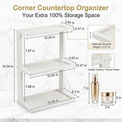 PEKER Bamboo Bathroom Organizer Countertop – Vanity Storage Shelf for Makeup, Perfume, Skincare – Natural Cosmetics Display Rack for Dresser, Sink, Kitchen – White
