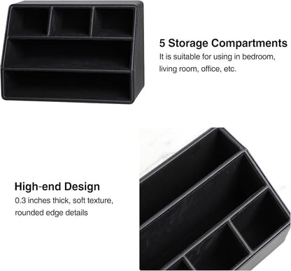 PU Leather Desk Organizer, Luxury Remote Control Holder for Home, Office Desk Accessories Table Caddy Bedside Nightstand Organizer (Black)