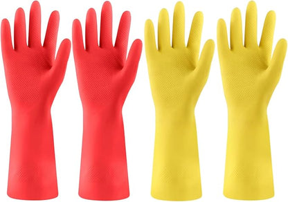 Rubber Kitchen Dishwashing Gloves - 4 Pairs Colorful Reusable Cleaning Gloves for Kitchen Washing Dishes and Household Cleaning(XL, Yellow+Red)