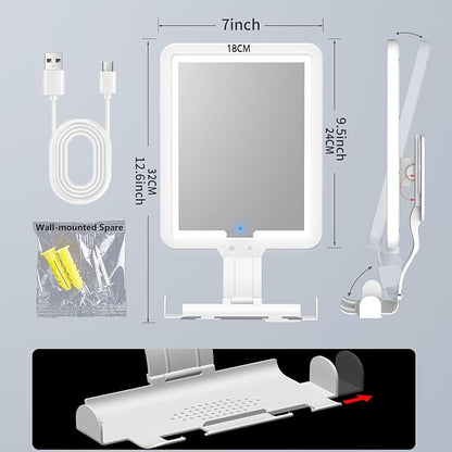 Instant Heated fog free Shower Mirror Fogless for Shaving for Women Makeup Removing,Anti fog Mirror for shower with 3-Color Dimming Light,Rechargeable Lighted Mirror,2Ways Wall Mounted Shower Mirrors