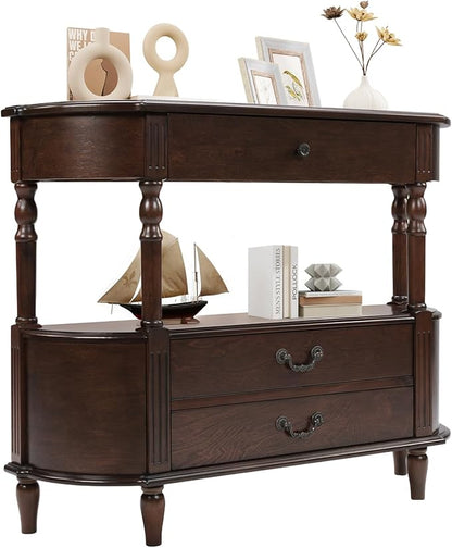 HMFULE Solid Wood Retro Curved Console Table, 43" Half Moon Console Table Sofa Table Entryway Table with 3 Drawers Open Shelf Pine Roman Legs Curved Corners for Living Room,Entryway,Hallway,Espresso