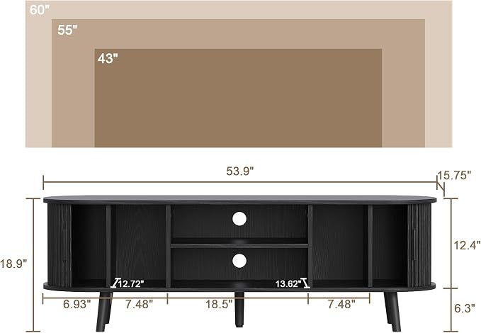ChooChoo Mid Century Modern TV Stand for TVs up to 60 Inch, Entertainment Center with Fluted Sliding Doors and Hidden Storage, TV Console with Adjustable Shelf for Living Room, Bedroom, Black