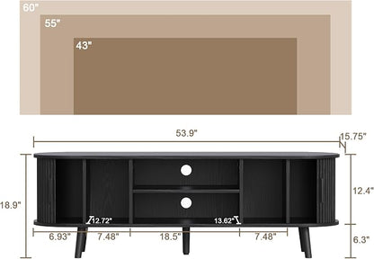 ChooChoo Mid Century Modern TV Stand for TVs up to 60 Inch, Entertainment Center with Fluted Sliding Doors and Hidden Storage, TV Console with Adjustable Shelf for Living Room, Bedroom, Black