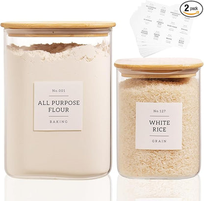 2 Pack large Square Glass Flour and Sugar Containers with 132 Kitchen Pantry Labels - 110 floz & 51 floz - Glass Jars with Airtight Bamboo Lid - Glass Rice Canisters for Coffee, Pasta, Cookie, Cereal