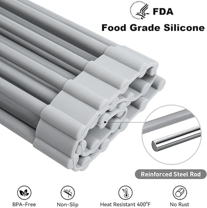 MERRYBOX Roll Up Over The Sink Dish Drying Rack Silicone Wrapped Foldable, Heat-Resistant, Anti-Slip Sink Rack Multipurpose Dish Drainer for Kitchen Sink Counter - Grey, 17.5" x 11"